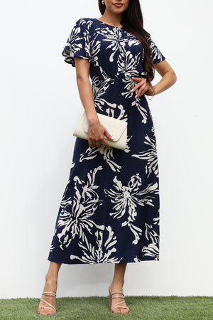 DD7323, RUCHED NECK WOVEN MIDI DRESS