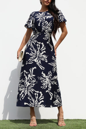 DD7323, RUCHED NECK WOVEN MIDI DRESS