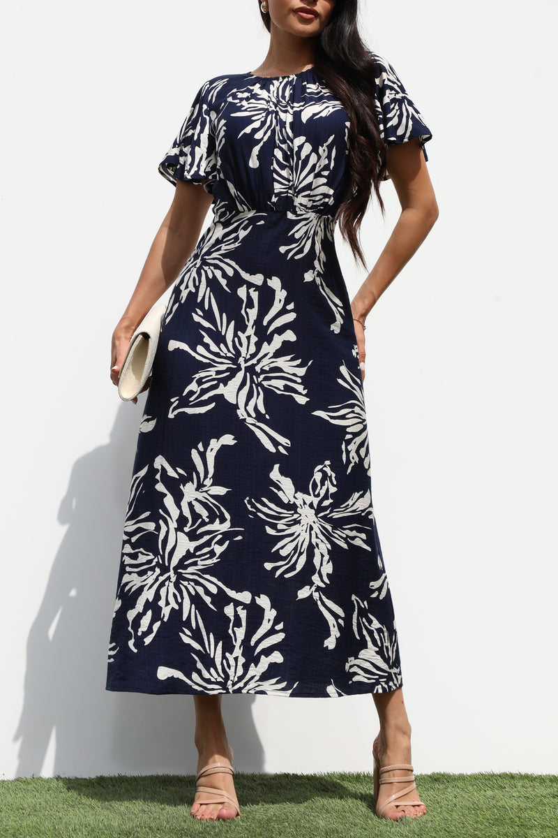 DD7323, RUCHED NECK WOVEN MIDI DRESS