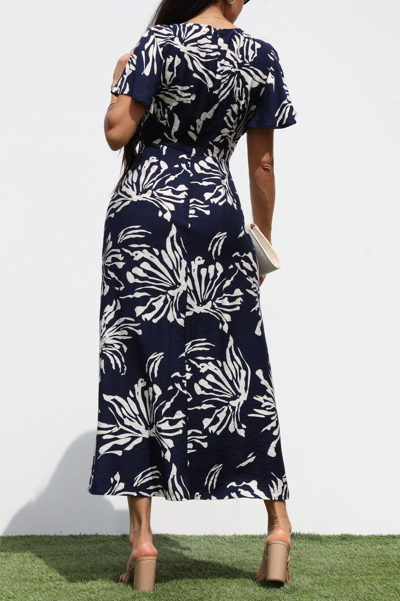 DD7323, RUCHED NECK WOVEN MIDI DRESS