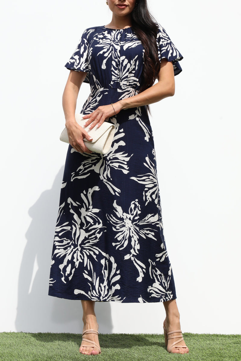 DD7323, RUCHED NECK WOVEN MIDI DRESS