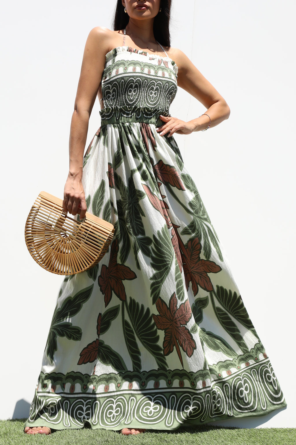 DD7336, SMOCKED TOP WOVEN MAXI DRESS