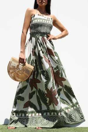 DD7336, SMOCKED TOP WOVEN MAXI DRESS