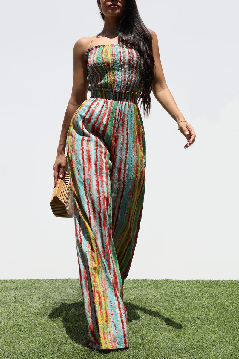DD7333, SMOCKED TOP WOVEN JUMPSUIT