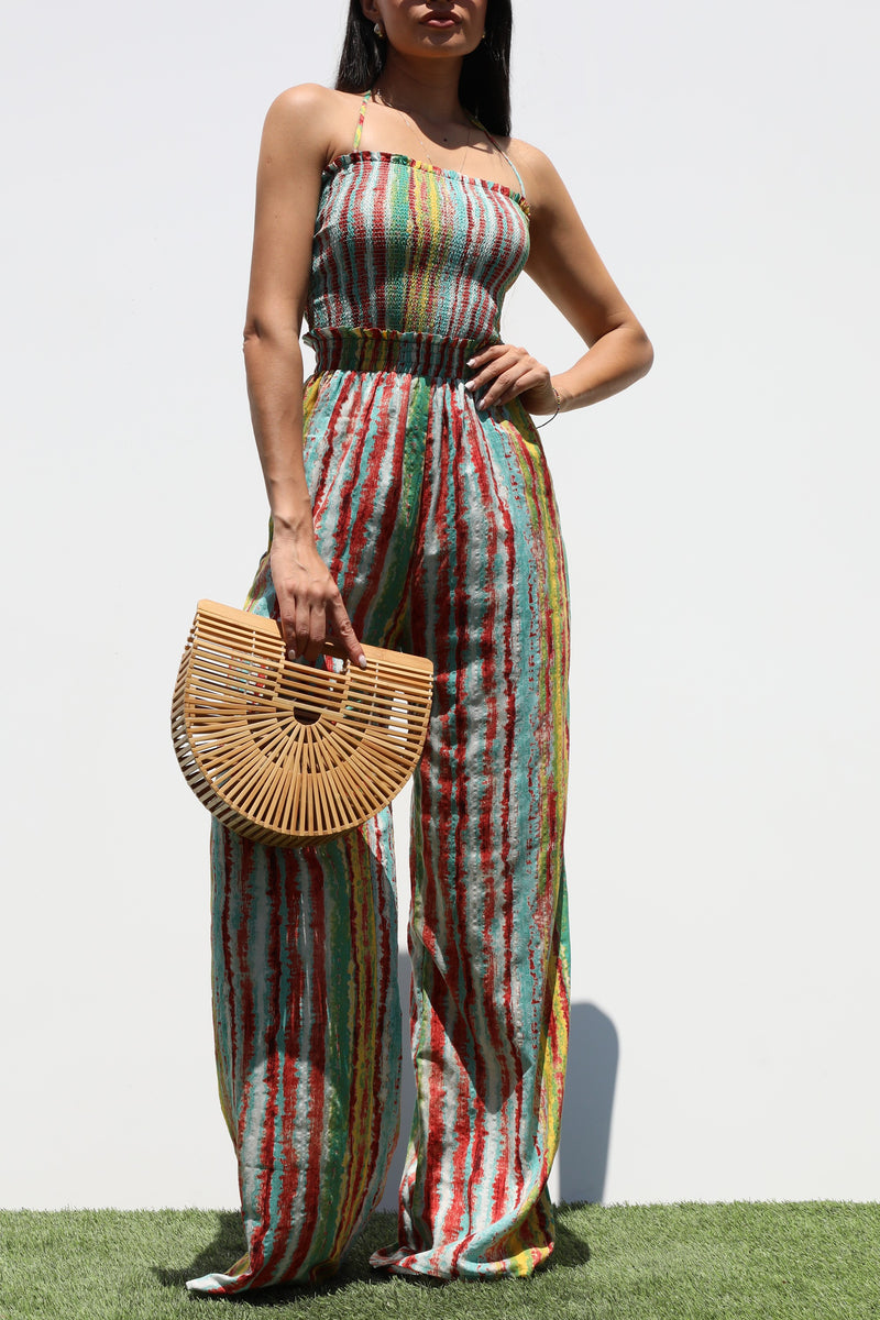 DD7333, SMOCKED TOP WOVEN JUMPSUIT