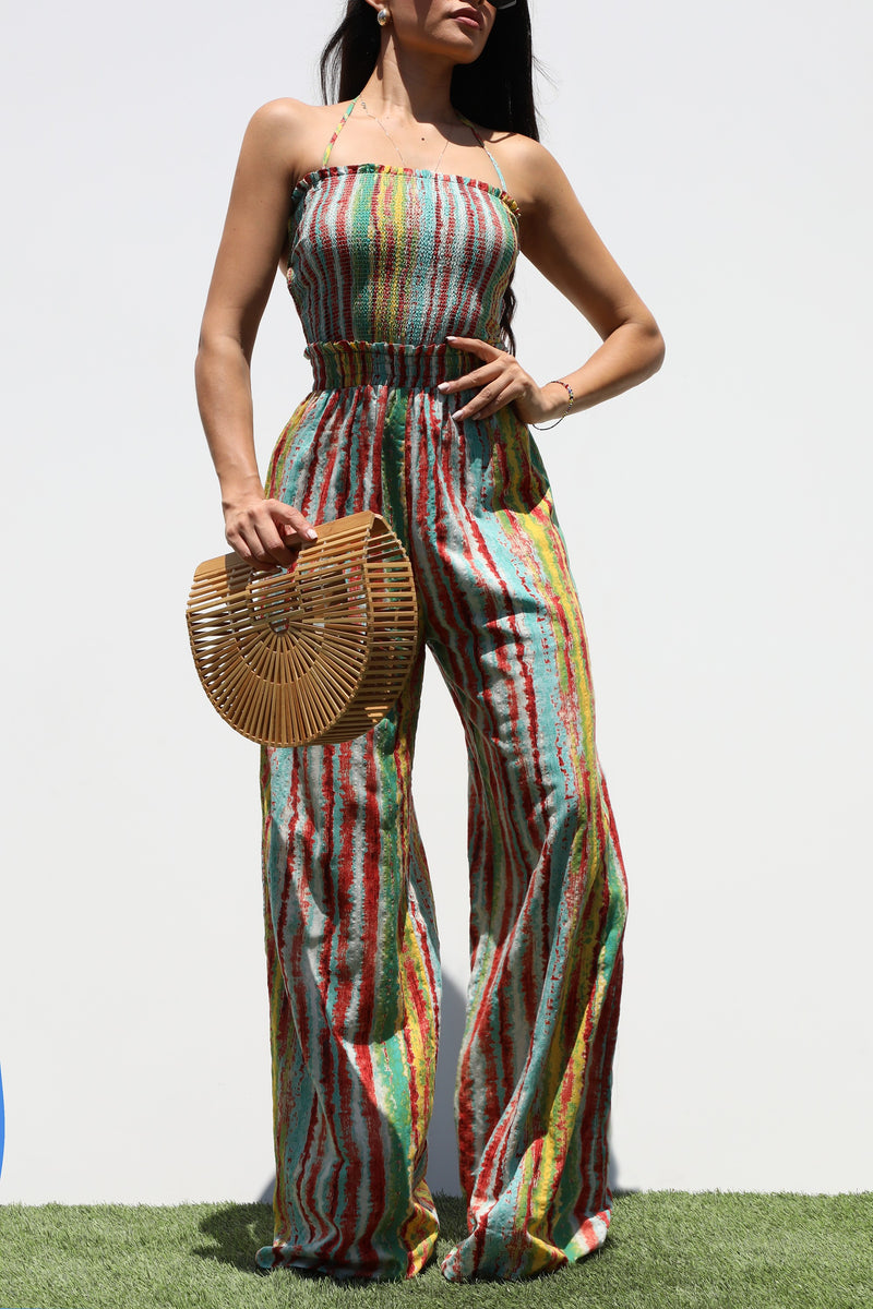 DD7333, SMOCKED TOP WOVEN JUMPSUIT