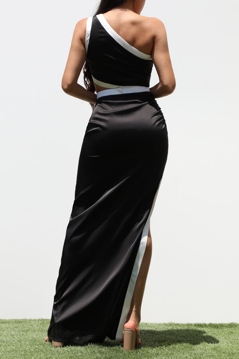 DD7314, ONE SHOULDER SATIN MAXI DRESS
