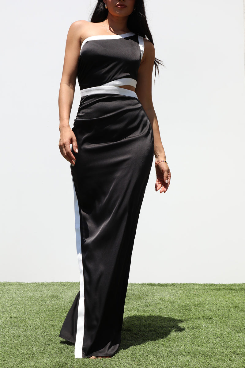 DD7314, ONE SHOULDER SATIN MAXI DRESS