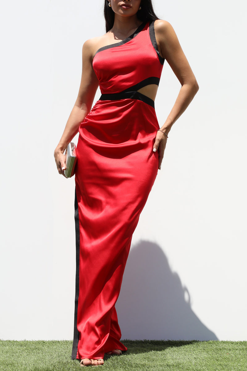 DD7314, ONE SHOULDER SATIN MAXI DRESS