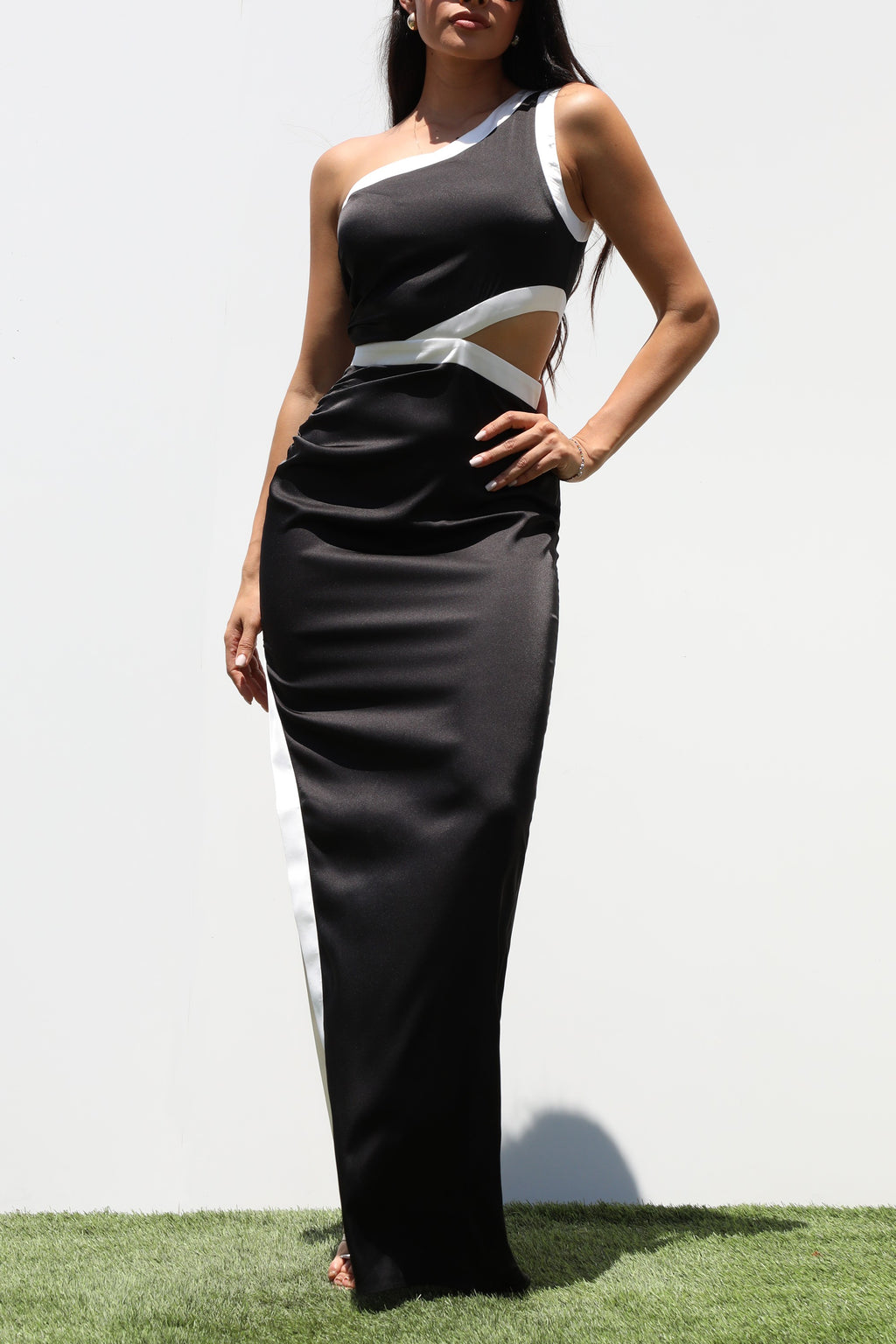 DD7314, ONE SHOULDER SATIN MAXI DRESS