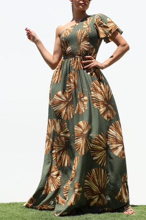 DD8391, SMOCKED TOP ONE SHOULDER MAXI DRESS