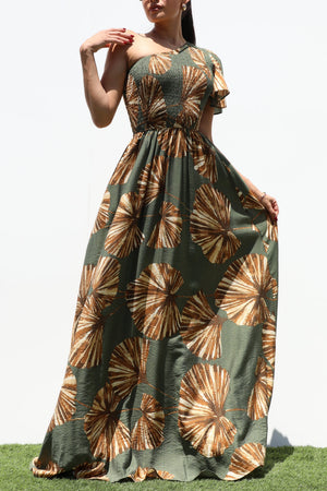 DD8391, SMOCKED TOP ONE SHOULDER MAXI DRESS