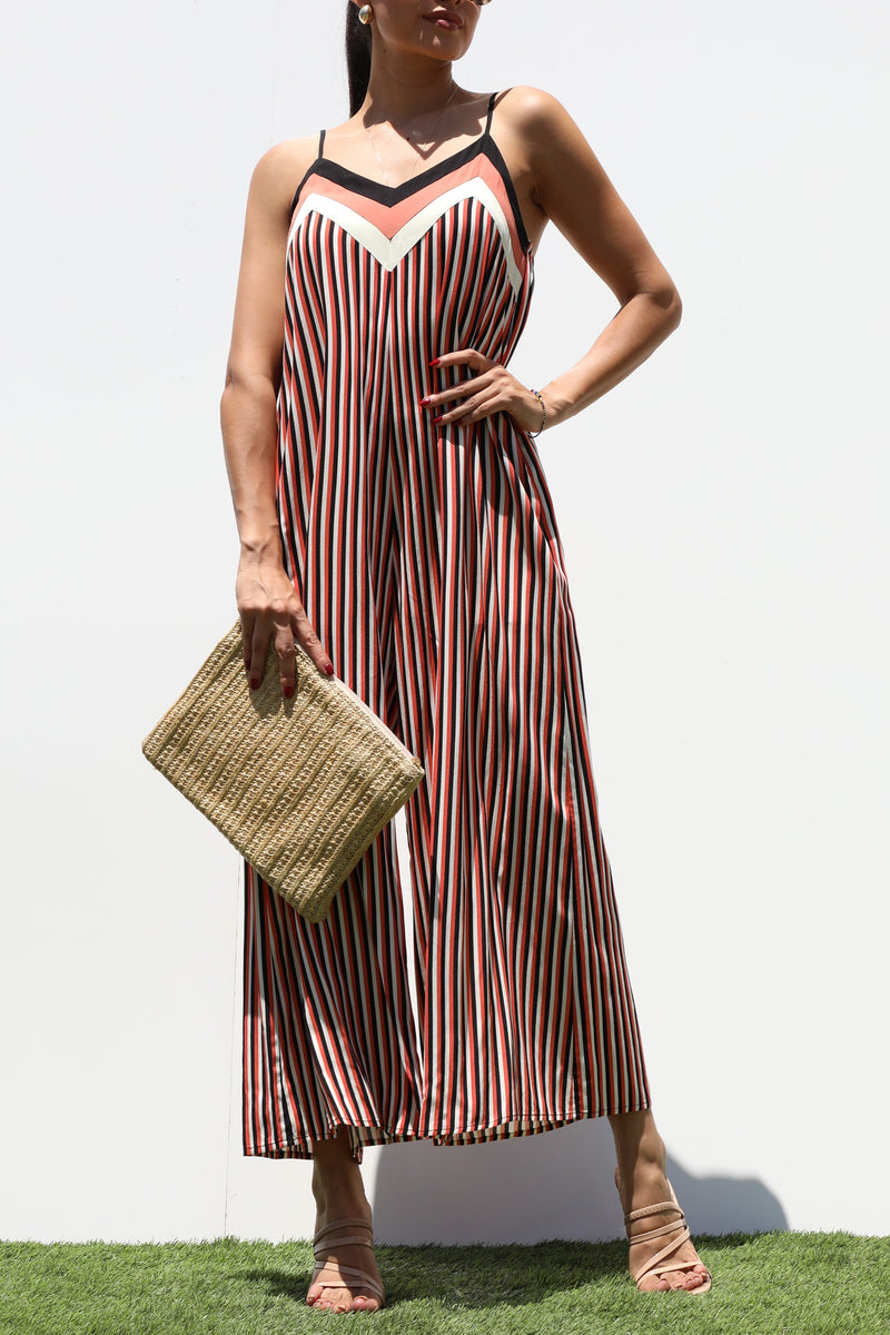 DD6283, STRIPED V NECK WOVEN JUMPSUIT