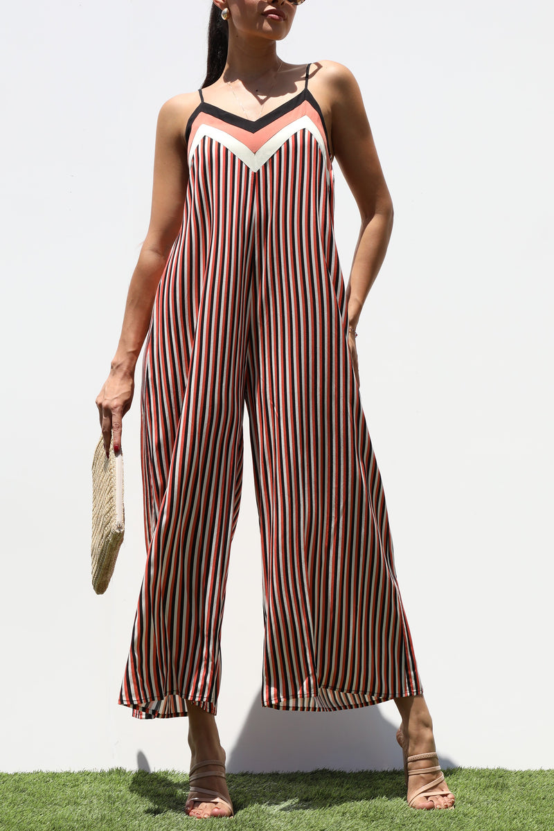 DD6283, STRIPED V NECK WOVEN JUMPSUIT