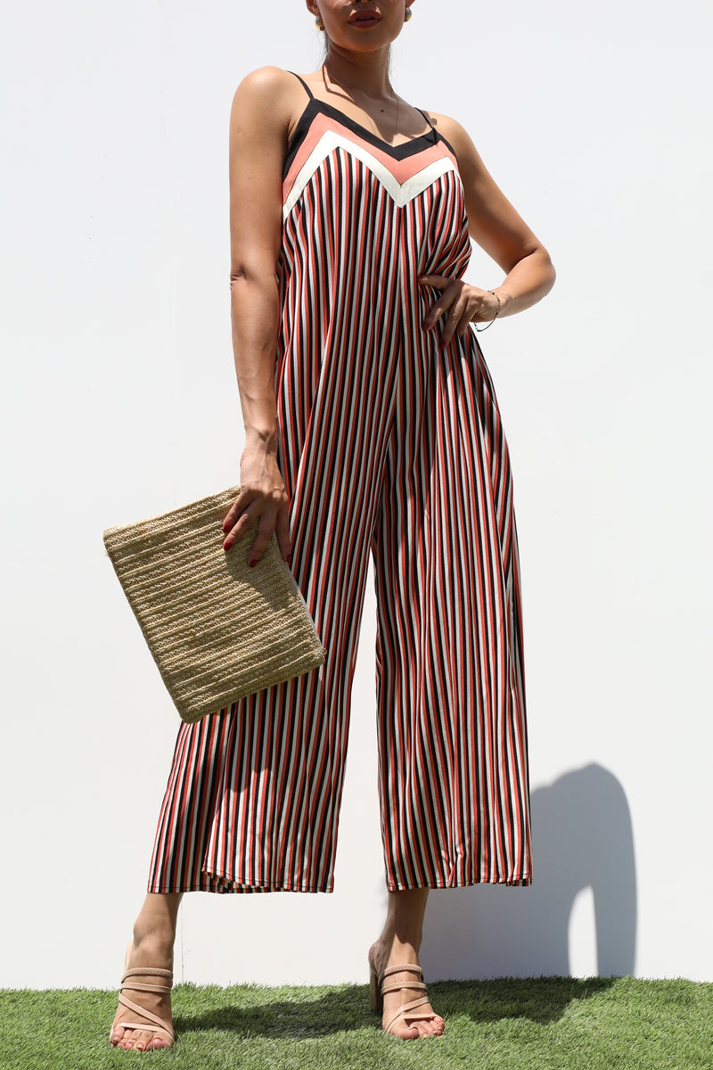 DD6283, STRIPED V NECK WOVEN JUMPSUIT