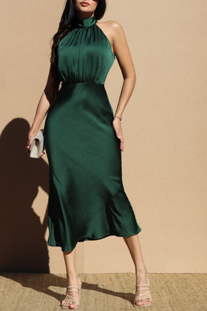DD7482, Mock Neck Satin Midi Dress