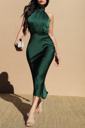 DD7482, Mock Neck Satin Midi Dress