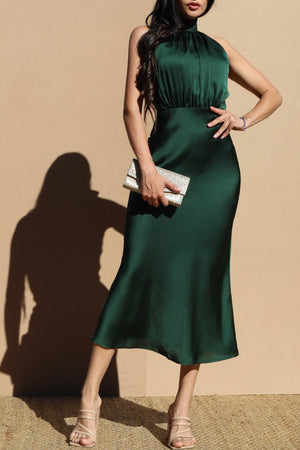 DD7482, Mock Neck Satin Midi Dress