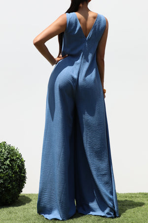 DD7989, LOOSE FIT V NECK FLARE-LEG JUMPSUIT