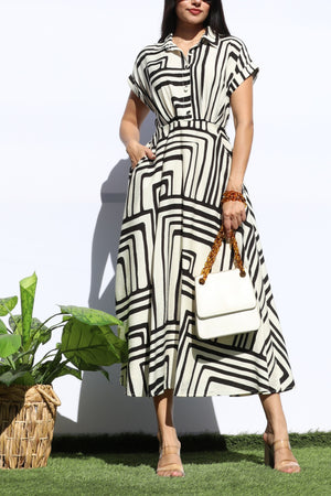 DD8141, PRINTED BUTTON DOWN MIDI DRESS