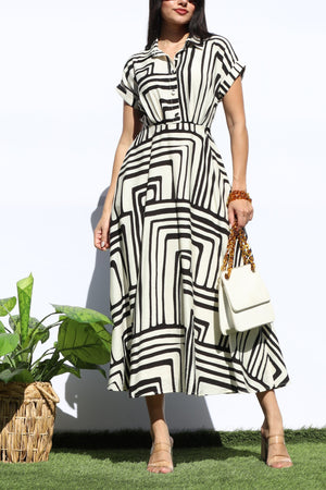 DD8141, PRINTED BUTTON DOWN MIDI DRESS