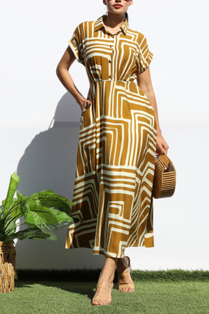 DD8141, PRINTED BUTTON DOWN MIDI DRESS