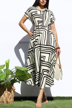 DD8141, PRINTED BUTTON DOWN MIDI DRESS