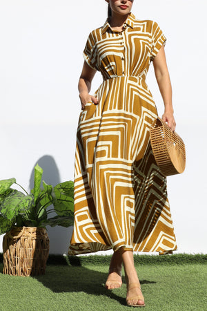 DD8141, PRINTED BUTTON DOWN MIDI DRESS