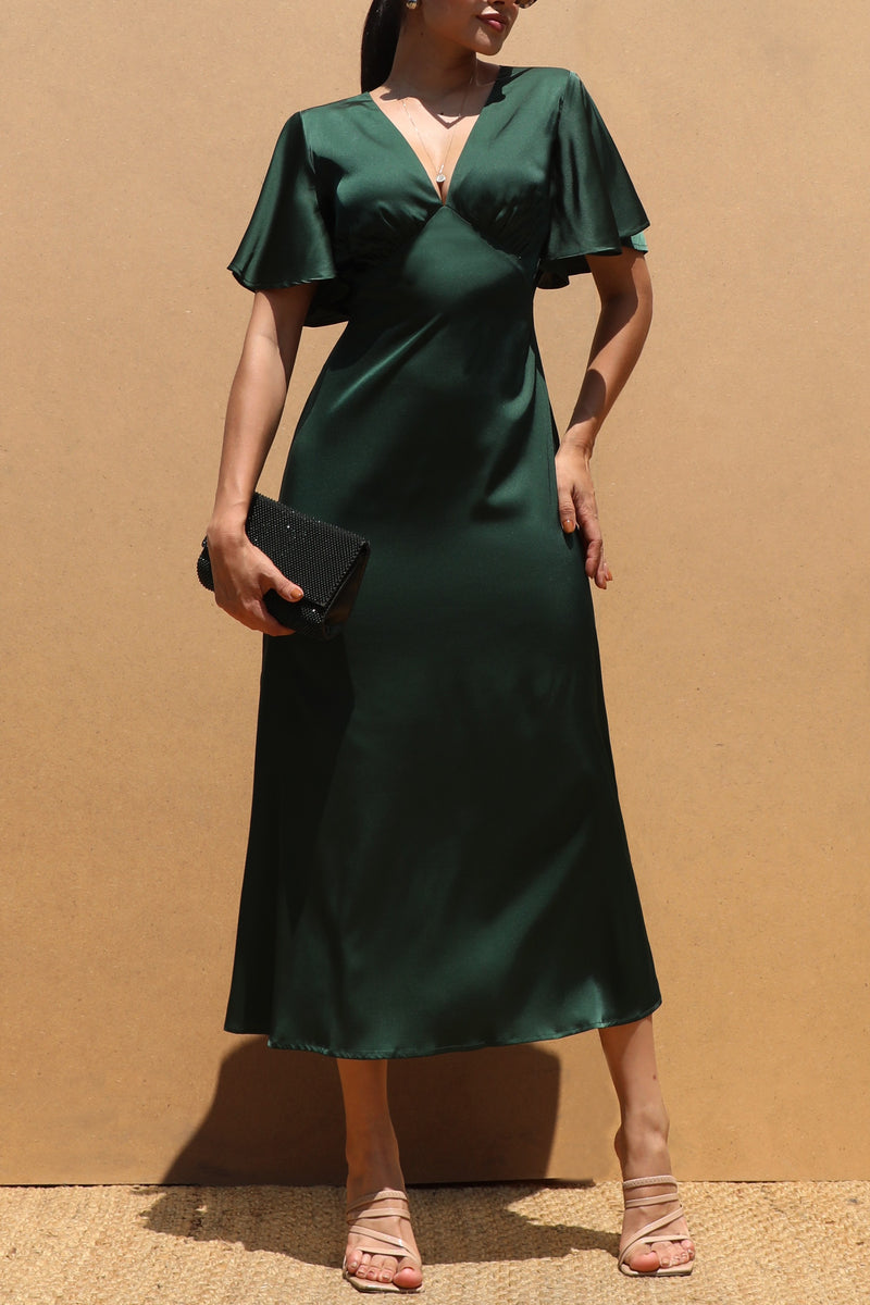 DD7503, V NECK SATIN MIDI DRESSES