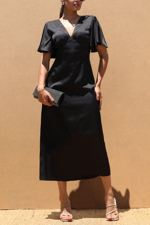 DD7503, V NECK SATIN MIDI DRESSES