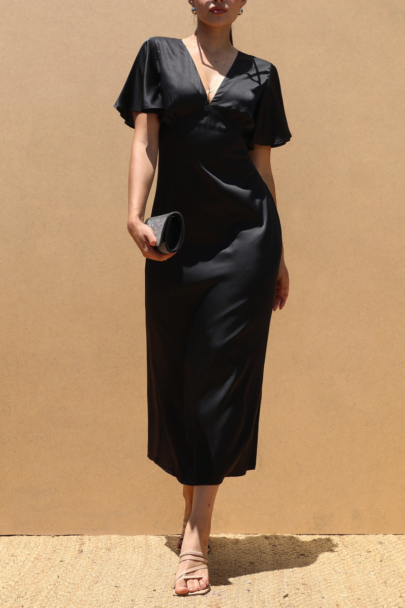 DD7503, V NECK SATIN MIDI DRESSES