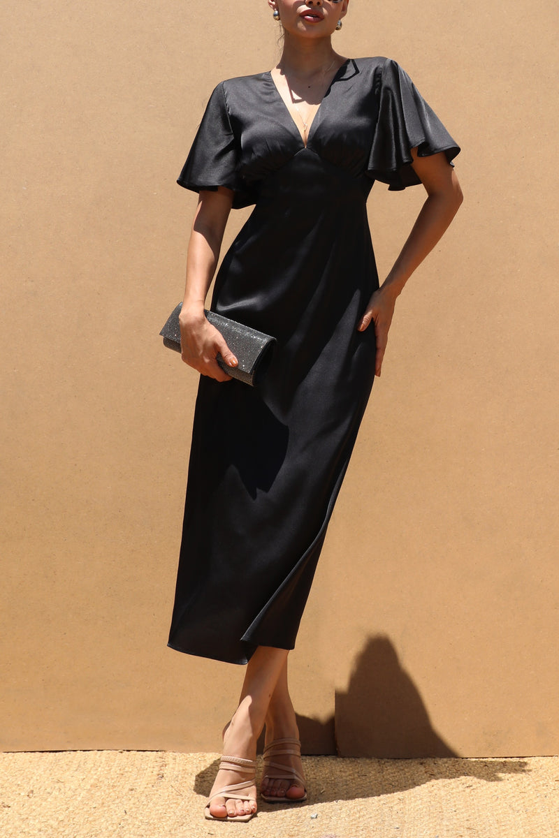 DD7503, V NECK SATIN MIDI DRESSES