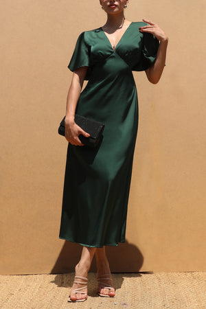 DD7503, V NECK SATIN MIDI DRESSES