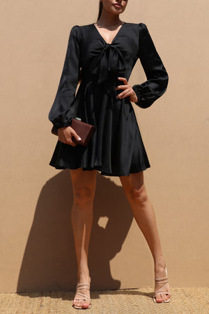 DD7432, TIE FRT SATIN MINI DRESSES