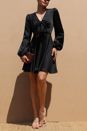 DD7432, TIE FRT SATIN MINI DRESSES