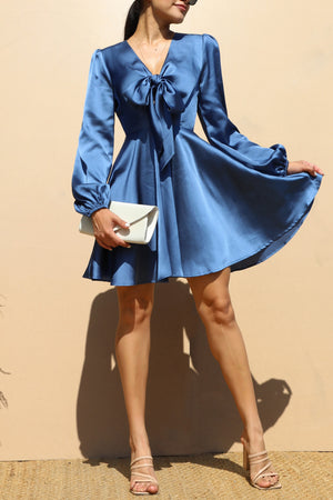 DD7432, TIE FRT SATIN MINI DRESSES