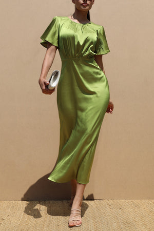 DD7504, ROUND NECK SATIN MIDI DRESSES