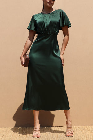 DD7504, ROUND NECK SATIN MIDI DRESSES