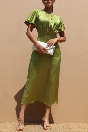 DD7504, ROUND NECK SATIN MIDI DRESSES