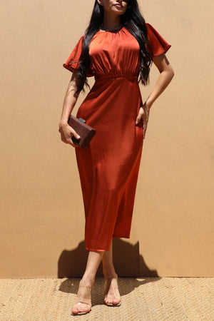 DD7504, ROUND NECK SATIN MIDI DRESSES