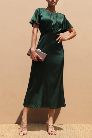 DD7504, ROUND NECK SATIN MIDI DRESSES
