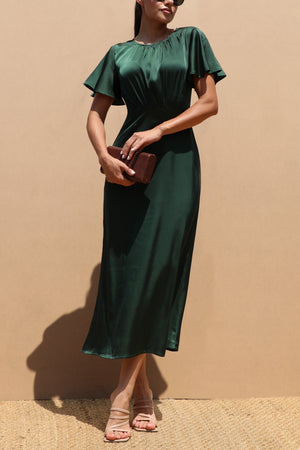 DD7504, ROUND NECK SATIN MIDI DRESSES
