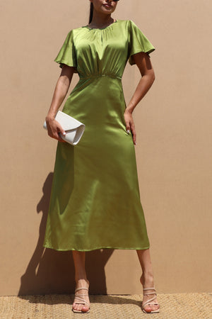 DD7504, ROUND NECK SATIN MIDI DRESSES
