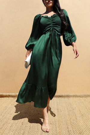 DD7451, SMOCKED TOP SATIN MIDI DRESSES