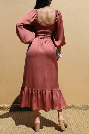 DD7451, SMOCKED TOP SATIN MIDI DRESSES