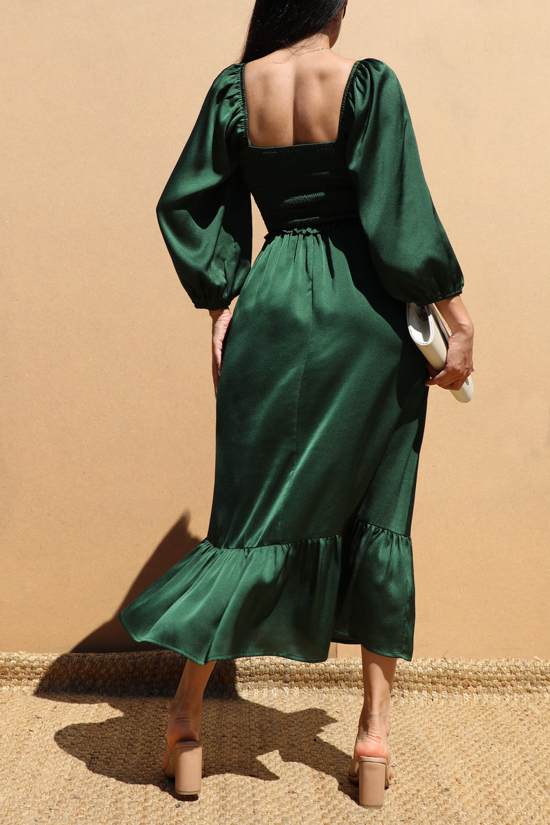 DD7451, SMOCKED TOP SATIN MIDI DRESSES