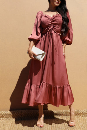 DD7451, SMOCKED TOP SATIN MIDI DRESSES