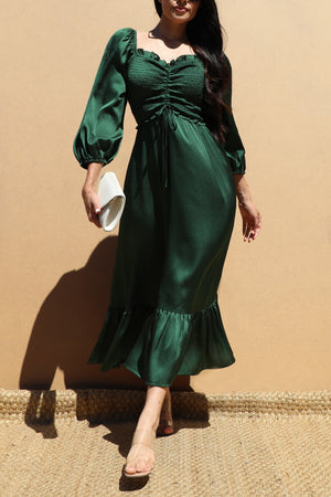 DD7451, SMOCKED TOP SATIN MIDI DRESSES