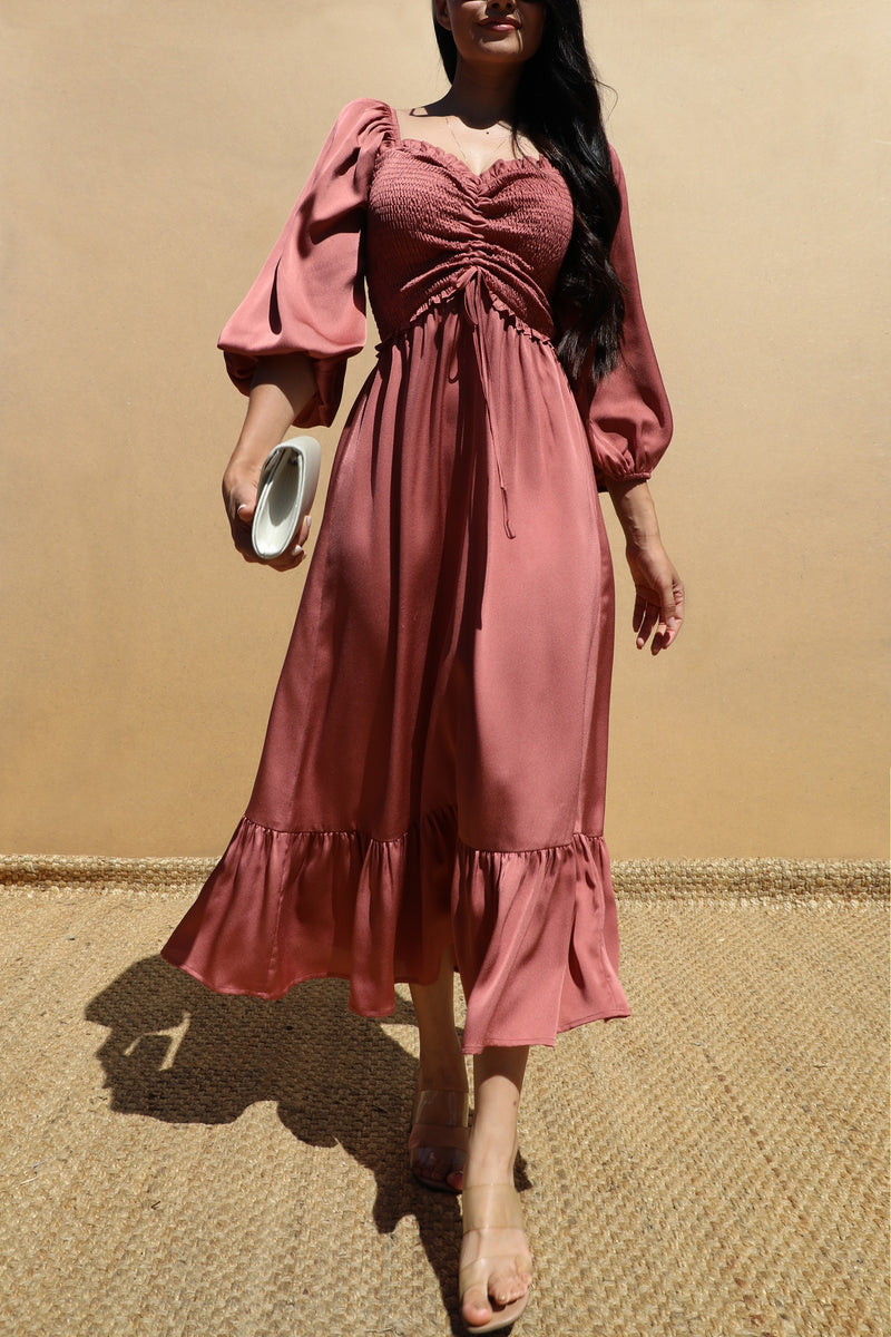 DD7451, SMOCKED TOP SATIN MIDI DRESSES