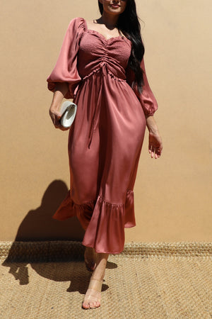 DD7451, SMOCKED TOP SATIN MIDI DRESSES